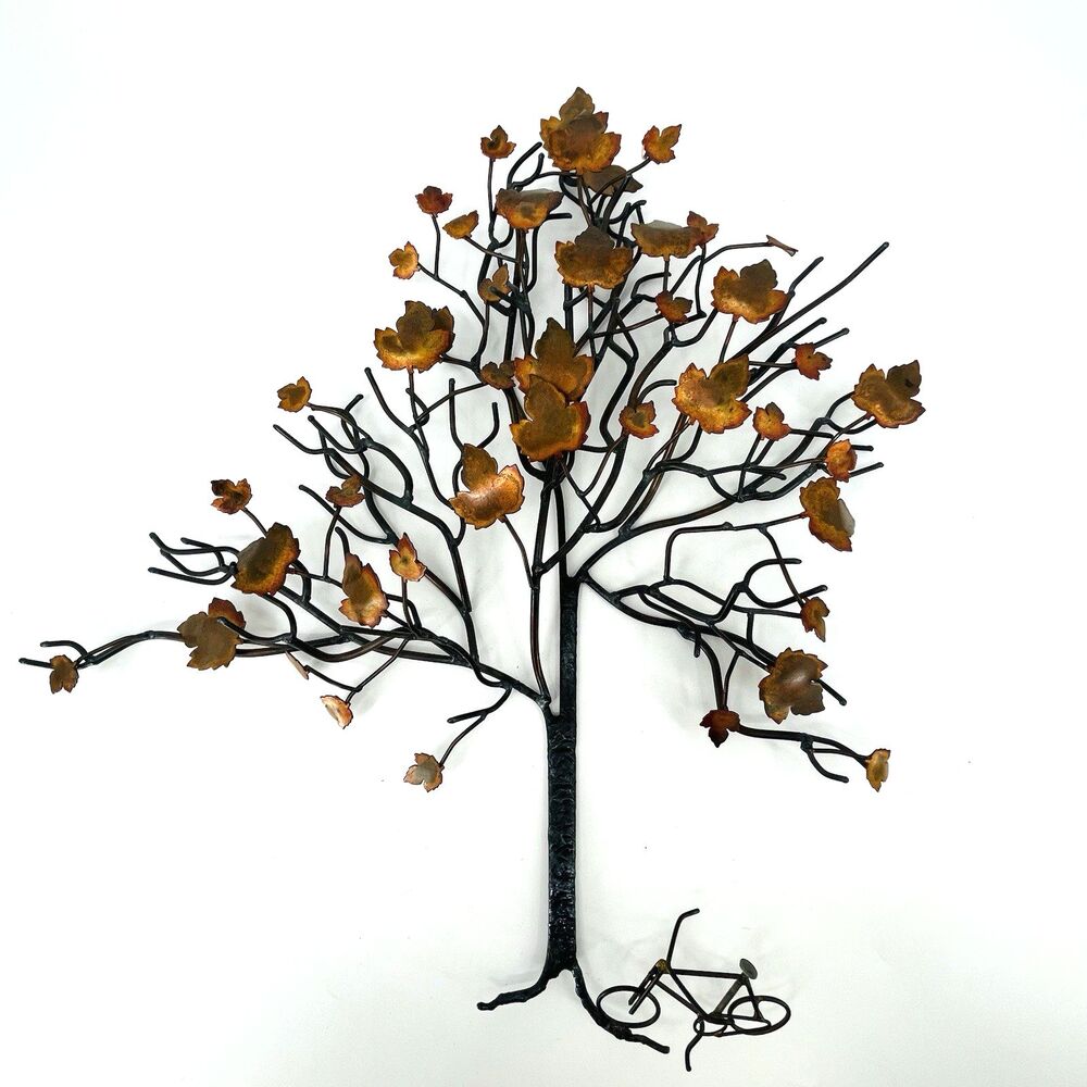 Handcrafted Metal Tree Wall Art Sculpture Copper Finish Leaves Bike Base 20" T
